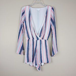 LEITH| Blue White Pink Striped Bell Sleeved Fully Lined Romper Size Small